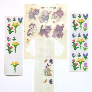 Vintage 80s Sandylion / Hallmark Fuzzy Stickers Cat Bunny Flower Lot